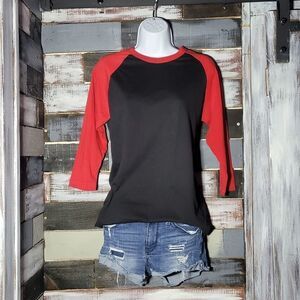 3/4 Length Baseball Tee Blacl & Red Size Medium